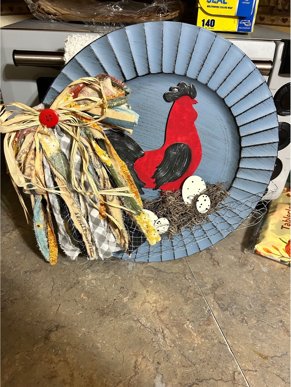 Decorative Blue Metal Rooster Wall Plate with Fabric Bow and